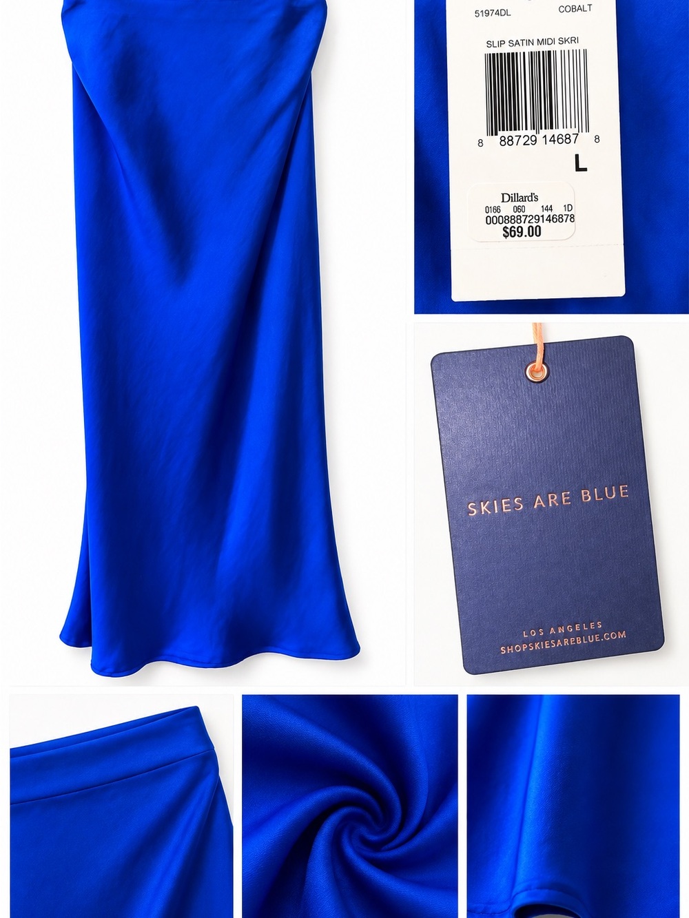 Skies Are Blue Vibrant Cobalt Satin Midi Slip Skirt